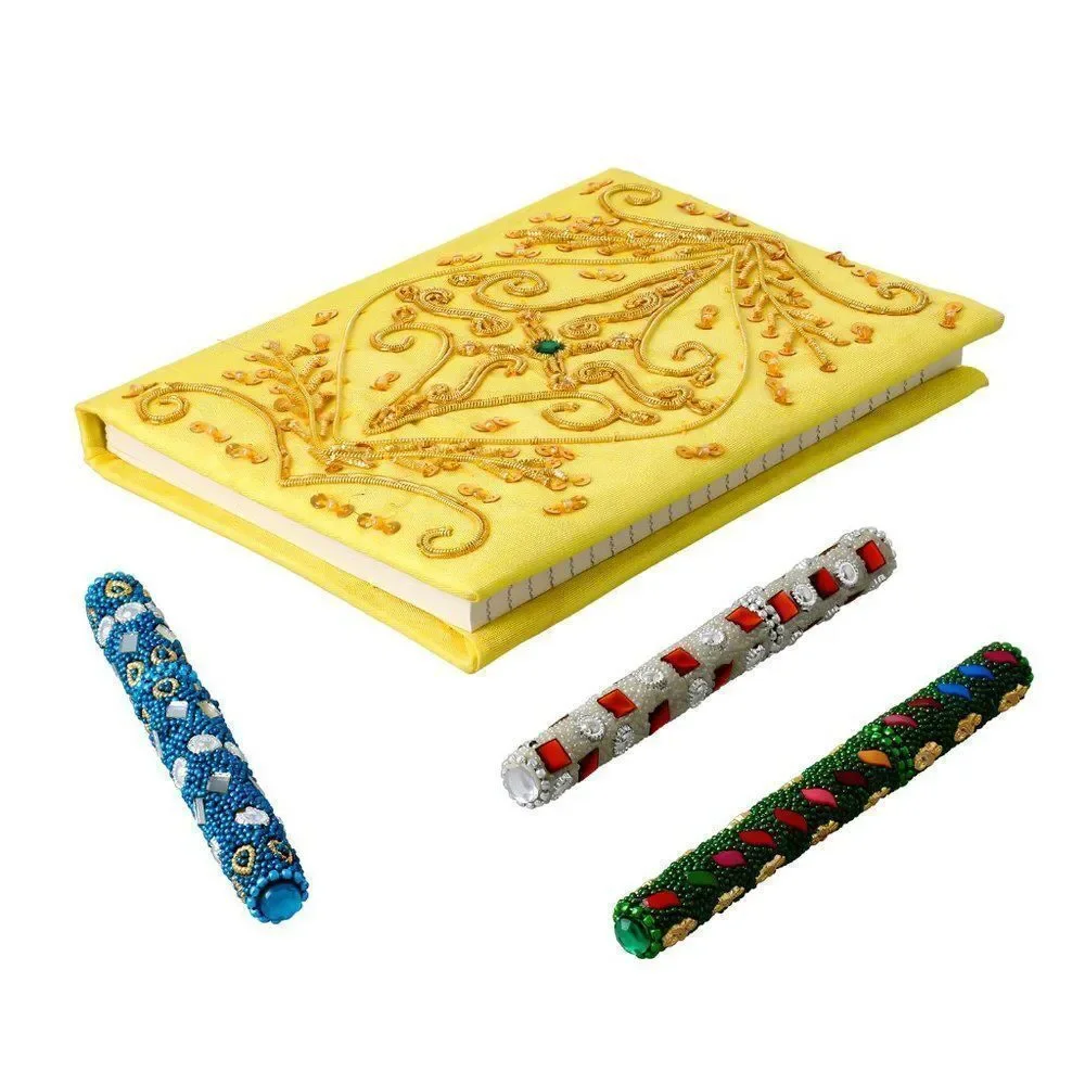 Handcrafted  Embroidered Journal and Set of 3 Beaded Pens Yellow